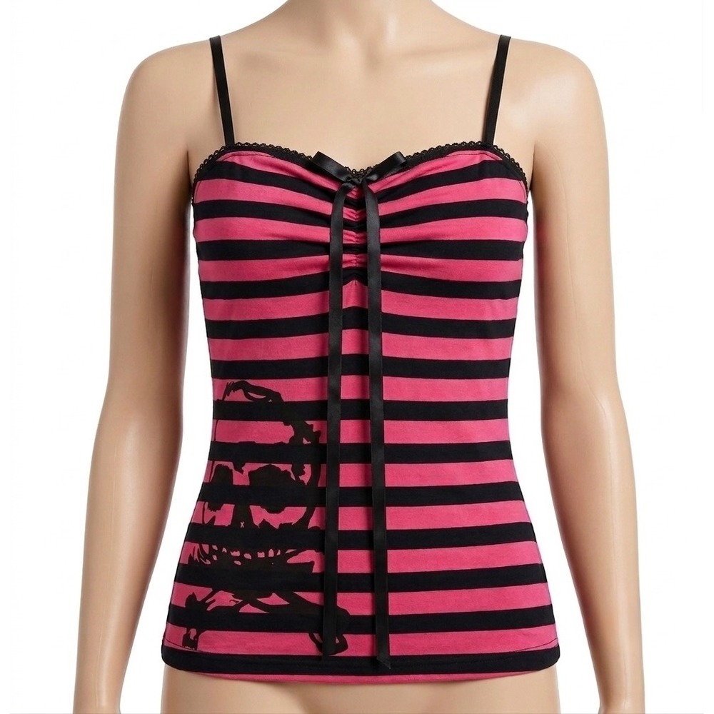 Unbranded Camisole Womens Small Pink Black Excellent Skull Stripe Bow Cami Top